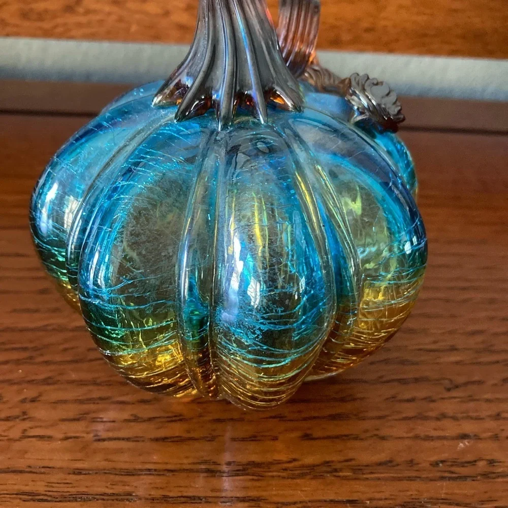 Art Glass Pumpkin Pier One hand blown Thanksgiving 5 1/2”